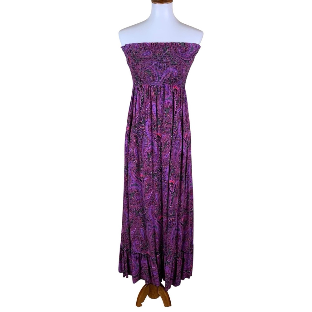 Akualani Purple Paisley Strapless Maxi Dress Boho Festival Smocked Small